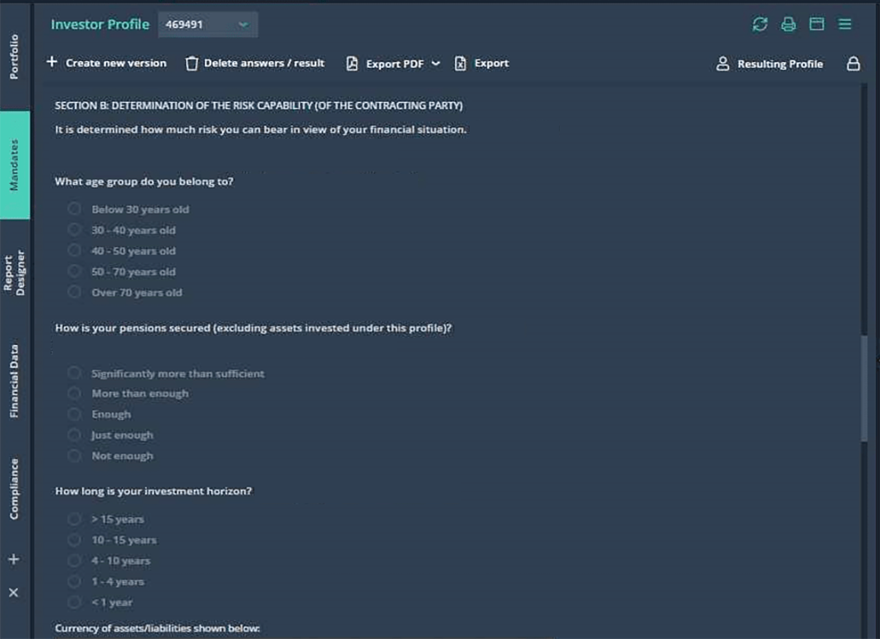 Investor profile form in software UI