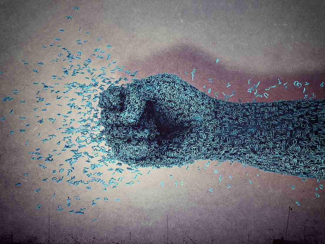 Fist of hand made up of letters