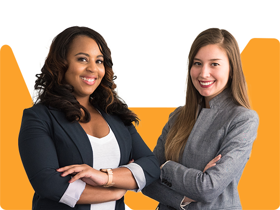 Photograph of two women with an orange background