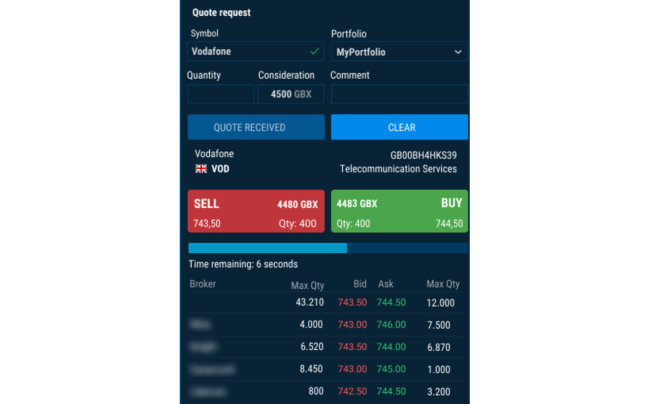 Infront quote request screen for Vodafone showing a received quote with sell and buy prices and quantities