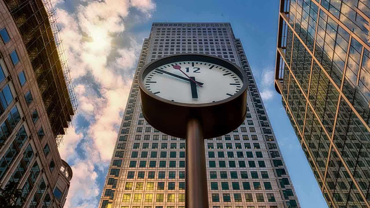Clock in London's financial district